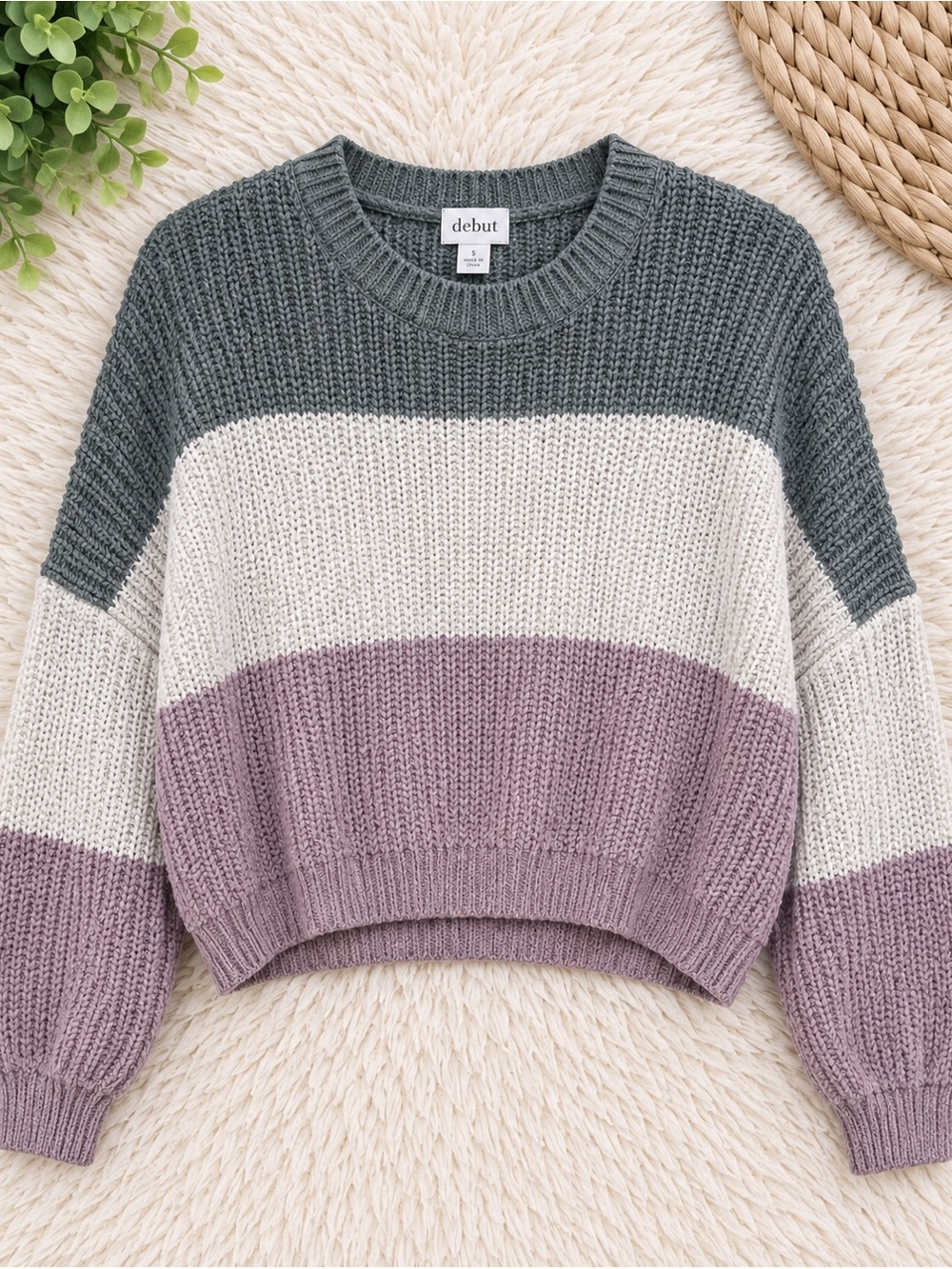 debut Green, White & Mauve Colorblock Crewneck Sweater 5